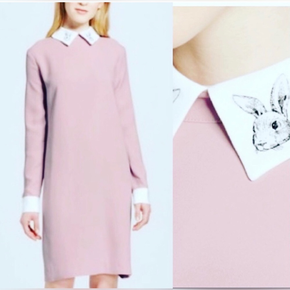 Victoria Beckham Pink Long Sleeve Shift Dress with White Embroidered Collar